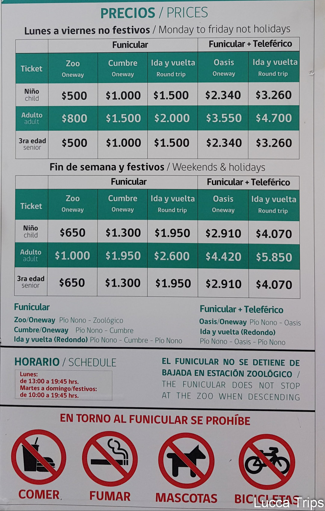 Preços teleférico e funicular San cristóbal Chile